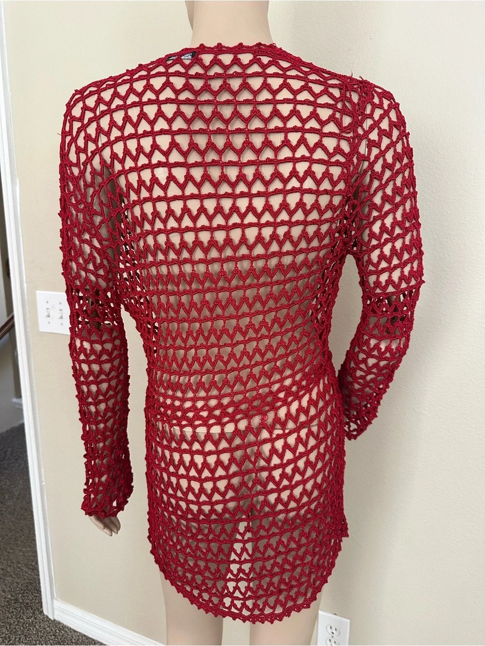 Planet Red Crochet Open Knit Cardigan Tie Front Mesh Cover Up